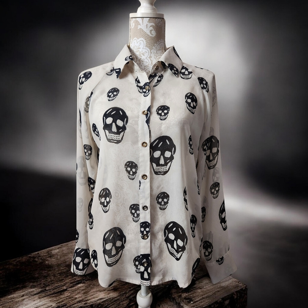 Vintage 90's Black/Cream Skull Goth Punk Semi-Sheer Blouse Size S